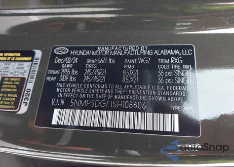 2025 Hyundai Santa Fe Calligraphy z USA, uszkodzony, nr VIN 5NMP5DGL1SH108606